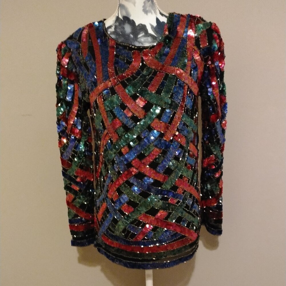 Lord & Taylor Vintage Sequin Top Blue, Red, Green, Silver, on Black silk, M